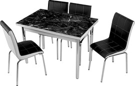 La Kitchenette פינת אוכל משולבת זכוכית שיש שחור מעוצבת במראה קלאסי ואלגנטי, הכוללת שולחן נפתח וארבעה כיסאות בצבעים
