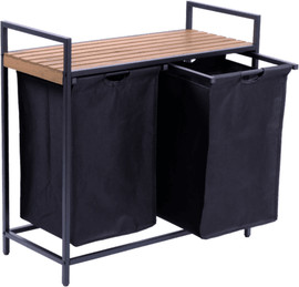 BoxShop מעמד אחסון כביסה כפול מבמבוק עם 2 סלי בד נשלפים - שחור