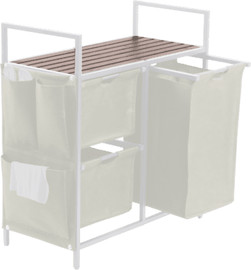 BoxShop מעמד אחסון כביסה כפול מבמבוק עם 3 סלי בד נשלפים - לבן