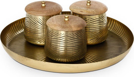 B-DECOR קערת הגשה מוזהבת מסדרת GOLD MICHAEL: מגש עגול ו-3 כלי אחסון עם מכסים שטוחים