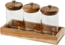B-DECOR סט 3 צנצנות זכוכית עם מכסי עץ על מגש עץ – HAKSHIA