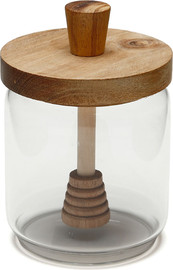 B-DECOR צנצנת דבש זכוכית 13.5 ס״מ – מכסה עץ ומקל דבש
