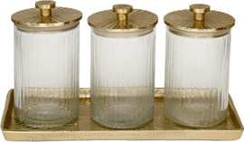 B-DECOR סט 3 צנצנות זכוכית גבוהות פסים עם מכסים על מגש זהב – GOLD BRASS