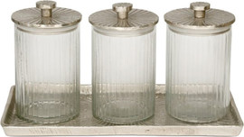 B-DECOR סט 3 צנצנות זכוכית גבוהות עם מכסים על מגש – NICKEL BRASS