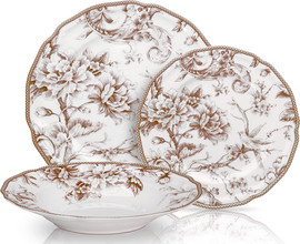 DREAM CHEF מערכת אוכל 18 חלקים יוקרתית מפורצלן (Bone China) בעיטור פרחוני מוקה מסדרת LIMOGES