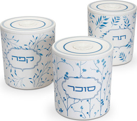 DREAM CHEF סט 3 מכלים לאחסון תה, קפה וסוכר מסיבי במבוק אקולוגיים בעיטור אריחים כחולים 11 ס"מ