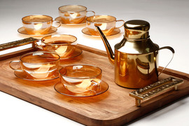 DREAM CHEF סט תה 14 חלקים 6 ספלי תה זכוכית אייבורי 220ml + מגש 55X36X5.5CM + קומקום 940 מ"ל