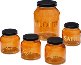 B-DECOR סט 5 צנצנות זכוכית AMBER – קמח, מלח, תה, קפה וסוכר