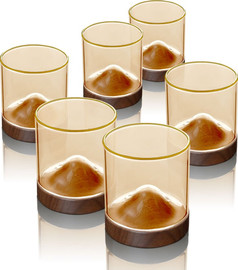 DREAM CHEF סט 6 כוסות 180ml זכוכית Light Amber פס זהב לשתייה חמה + תחתיות עץ מבית DreamChef