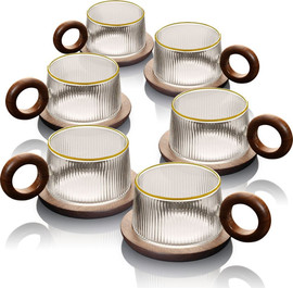 DREAM CHEF סט 6 ספלים 250ml זכוכית פס זהב + תחתיות וידיות עץ מבית DreamChef