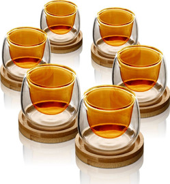 DREAM CHEF סט 6 ספלי אספרסו 80ml דאבל גלאס שילוב Amber לשתייה חמה + תחתיות עץ מבית DreamChef
