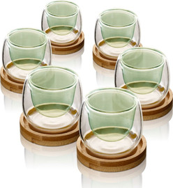 DREAM CHEF סט 6 ספלי אספרסו 80ml דאבל גלאס שילוב Green לשתייה חמה + תחתיות עץ מבית DreamChef