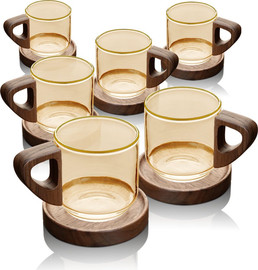 DREAM CHEF סט 6 ספלי אספרסו 90ml זכוכית Light Amber פס זהב + תחתיות עץ מבית DreamChef