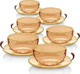 DREAM CHEF סט 6 ספלי תה 220ml + תחתיות זכוכית Light Amber פס זהב מבית DreamChef