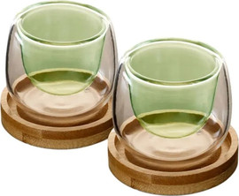 B-DECOR זוג כוסות קפה זכוכית ירוקה DreamChef עם תחתיות עץ