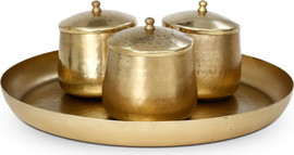 B-DECOR מערכת אירוח מוזהבת מסדרת GOLD MICHAEL: מגש עגול ו-3 כלי אחסון עם מכסי כיפה וידית