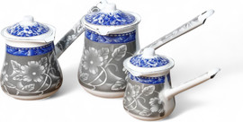 B-DECOR סט 3 פינג'אנים פורצלן עם ידית ארוכה ומכסה בעיטור פרחוני כחול וכסוף