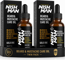 NISHMAN NISHMAN Beard & Mustache Care Oil Gold One 30ml – מארז זוג שמן לזקן ולשפם עם שמן ארגן וחוחובה