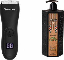 Sassonic מארז מכונת תספורת לגוף נטענת Sassonic ססוניק ESE-145 + שמפו מנטה עץ התה לגבר MR POLO מתנה