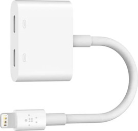 Belkin מתאם Belkin Lightning כפול – טעינה והאזנה בו-זמנית לאייפון תואם MFi לבן
