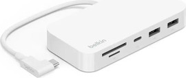 Belkin מתאם USB-C 6 ב-1 של Belkin לדסק עבודה – כולל Ethernet, USB-A, USB-C, קורא SD/TF לבן