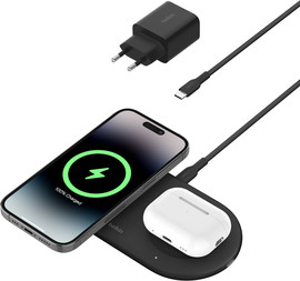 Belkin תחנת עגינה אלחוטית מגנטית 2 ב-1 למכשירי Belkin 15W Apple בלקין BoostCharge Pro Qi2 שחור