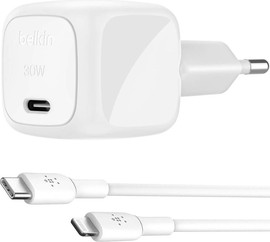 Belkin מטען קיר קומפקטי Belkin BoostCharge USB-C 30W + כבל לבן