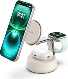 Belkin עמדת טעינה מגנטית 3 ב-1 בטכנולוגיית Qi2 25W Belkin UltraCharge Pro תומך MagSafe ו-Apple Watch שמנת