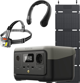 Ecoflow סט תחנת כוח ניידת כולל פאנל סולארי מתקפל, פנס ראש ומאוורר צוואר Ecoflow אקופלואו Ecocamp River