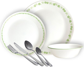 Corelle סט 84 חלקים ל12 סועדים :צלחות קורל Spring Blossom Green  + סכו"ם Twist