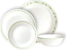 Corelle סט צלחות קורל 48 חלקים ל 12 סועדים  של קורנינג דגם Spring Blossom Green  תוצרת ארה"ב
