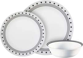 Corelle סט צלחות קורל 18 חלקים ל 6 סועדים דגם City Block  תוצרת קורנינג ארה"ב – הצלחות הדקות והחזקות בעולם!