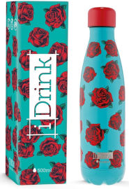 iDrink בקבוק תרמי מעוצב שומר חום וקור 500 מ"ל - ורדים תכלת/אדום