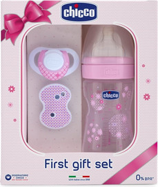 Chicco מארז מתנה ראשונה מסדרת Well Being עם בקבוק, מוצץ ומחזיק מוצץ - ורוד