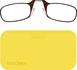 Thinoptics קריאה משקפי קריאה בצבע חום עם נרתיק לסמארטפון בצבע צהוב ניאון