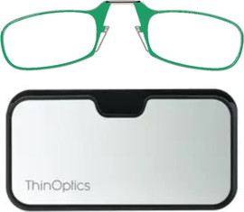 Thinoptics משקפי קריאה בצבע ירוק עם נרתיק כסוף לסמארטפון