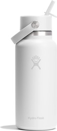 Hydro Flask בקבוק שתייה תרמי מנירוסטה 946 מל עם פתח רחב ופיית קש נשלפת מבית Hydro Flask – לבן