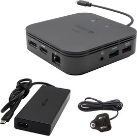 I-TEC תחנת עגינה חכמה בחיבור Thunderbolt 3 לתצוגה כפולה עם אספקת חשמל W60 + מטען אוניברסלי W77 שחור