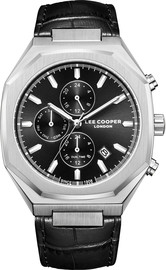 Lee Cooper שעון גברים Lee Cooper London LC08168.351 כסף עם לוח שחור ורצועת עור שחורה Multi Function