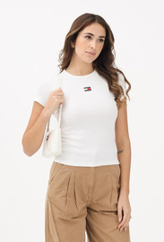 TOMMY HILFIGER חולצת טישירט קצרה טומי הילפיגר Slim Badge Rib נשים - טומי הילפיגר - Beige