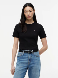 TOMMY HILFIGER חולצת טישירט קצרה טומי הילפיגר Flag Embroidery Crew Neck Slim נשים - טומי הילפיגר - Black