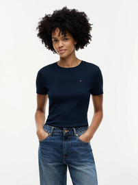 TOMMY HILFIGER חולצת טישירט קצרה טומי הילפיגר Flag Embroidery Crew Neck Slim נשים - טומי הילפיגר - Blue