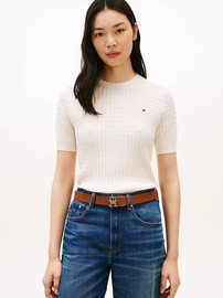 TOMMY HILFIGER חולצת טישירט קצרה טומי הילפיגר Cable Knit Short Sleeve Jumper נשים