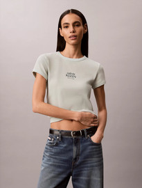 Calvin Klein חולצת טישירט קצרה קלווין קליין Slim Ribbed Cotton Logo נשים - קלווין קליין - Grey