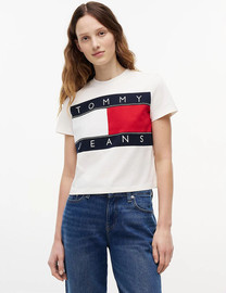 TOMMY HILFIGER חולצת טישירט קצרה טומי הילפיגר Flag T נשים - טומי הילפיגר - White
