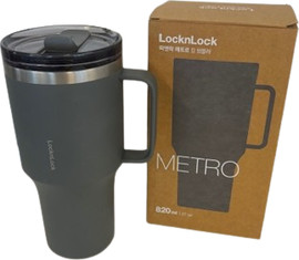 Lock & Lock מאג מטרו קינג מפואר 820מ"ל עם ידית נשיאה לשתיה חמה/קרה מתאים לרכב מגיע בצבע אפורר