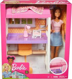 Mattel ברבי: מיטת קומתיים ומשרד 2 ב-1 – ערכת רהיטים ובובה - Barbie