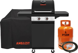 Amgazit גריל גז 2 מבערים דגם Red heat + מיכל גז 5 ק"ג אמגזית ווסת צינור וכסוי