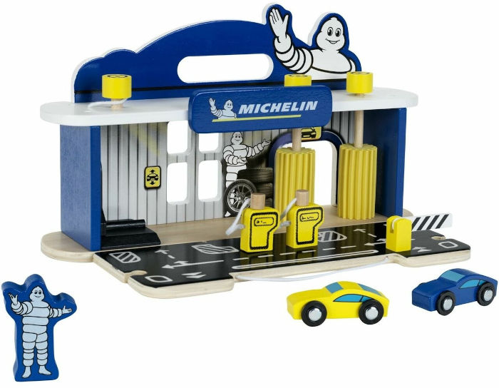 תחנת תדלוק ורחיצה מתקפלת מעץ + 2 מכוניות משחק Michelin מישלין